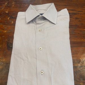 David Donahue dress shirt. 15.5, 34-35. Light blue with burgundy stripe.